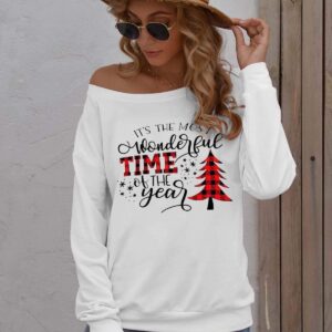 SENFURE Merry Christmas Sweatshirts for Women Christmas Tree Print Long Sleeve Sweatshirt Off the Shoulder Pullover T-Shirt Top