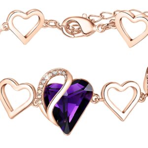 Leafael 18K Rose Gold Plated Love Heart Link Bracelet with Dark Amethyst Pink Healing Stone Crystal for Creativity, Jewelry Gifts for Women, 7" Chain + 2" Extender