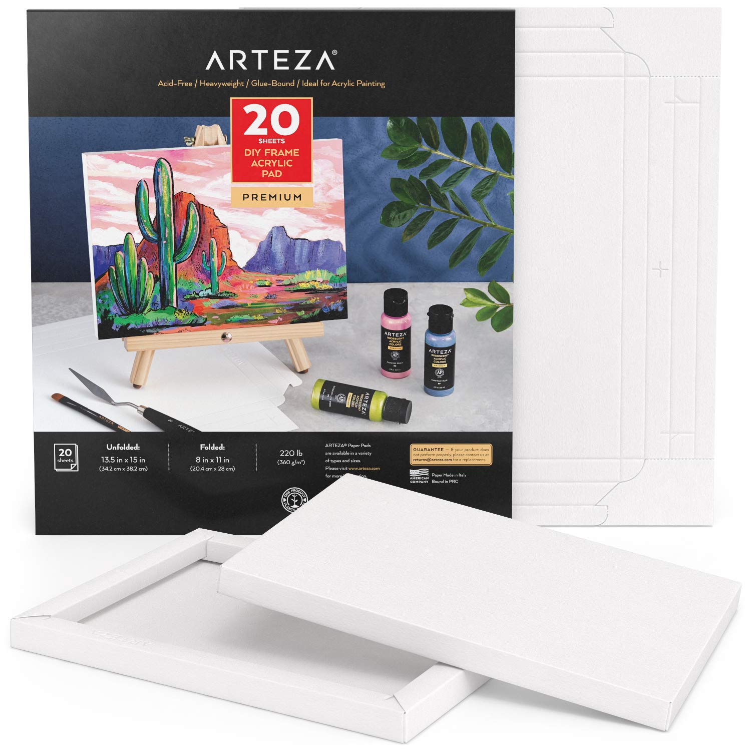 ARTEZA Acrylic Paper Foldable Canvas Pad, 8x11 Inches, 20 Sheets, DIY Frame