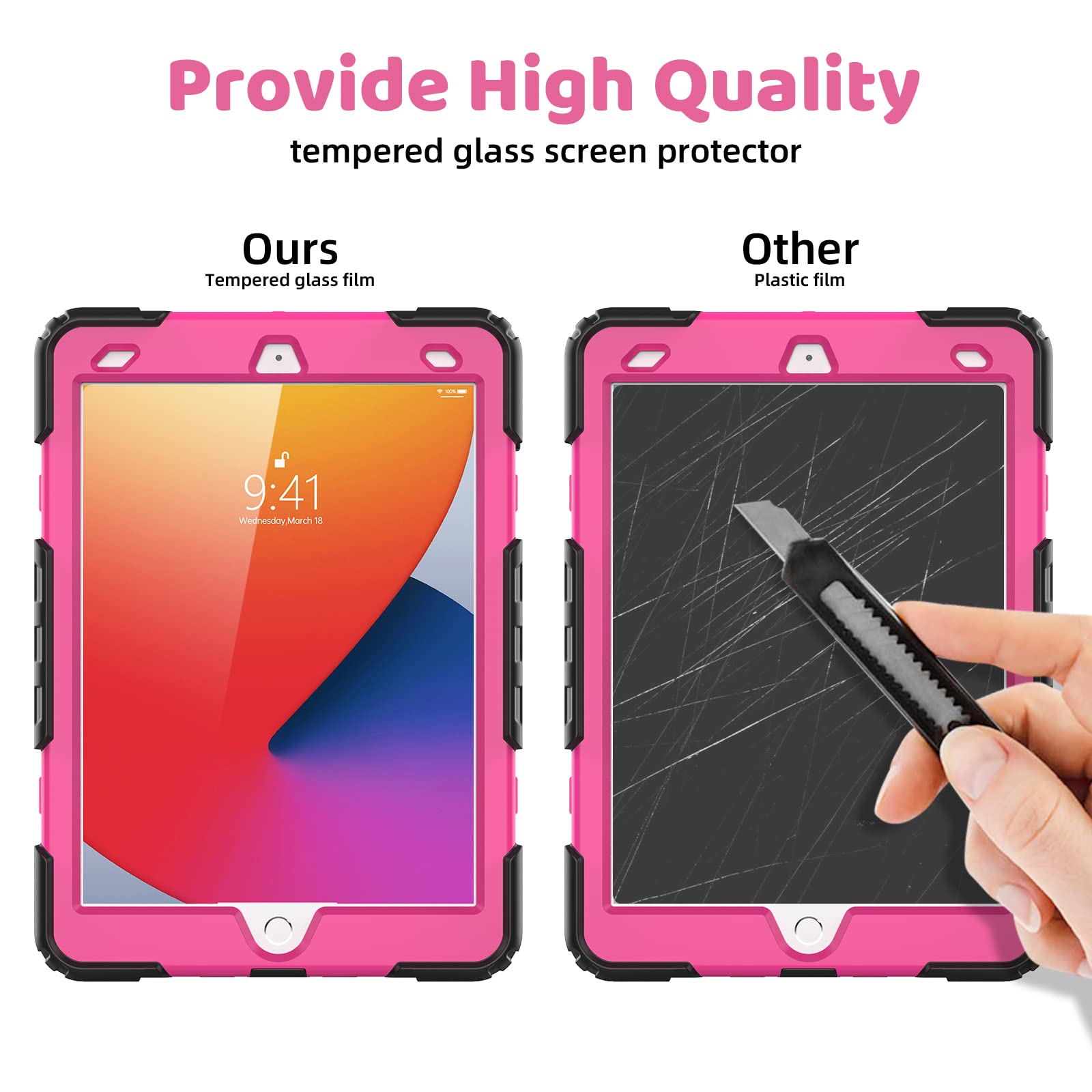 BLOSOMEET Case for iPad 9th Generation 2021 10.2 Inch with Tempered Glass Screen Protector & Pencil Holder,Protective Kids iPad 7th/8th Gen Cover 2020 2019 w/Stand Hand Shoulder Strap,Rosered