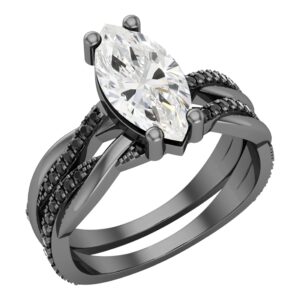 dazzlingrock collection 12x6 mm lab created marquise white sapphire & round black diamond bridal ring set in black plated sterling silver, size 8.5