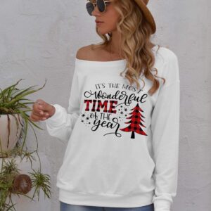 SENFURE Merry Christmas Sweatshirts for Women Christmas Tree Print Long Sleeve Sweatshirt Off the Shoulder Pullover T-Shirt Top