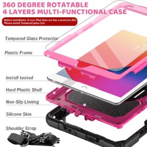 BLOSOMEET Case for iPad 9th Generation 2021 10.2 Inch with Tempered Glass Screen Protector & Pencil Holder,Protective Kids iPad 7th/8th Gen Cover 2020 2019 w/Stand Hand Shoulder Strap,Rosered