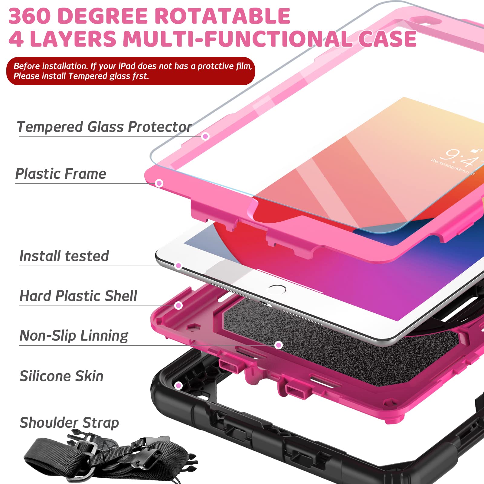 BLOSOMEET Case for iPad 9th Generation 2021 10.2 Inch with Tempered Glass Screen Protector & Pencil Holder,Protective Kids iPad 7th/8th Gen Cover 2020 2019 w/Stand Hand Shoulder Strap,Rosered