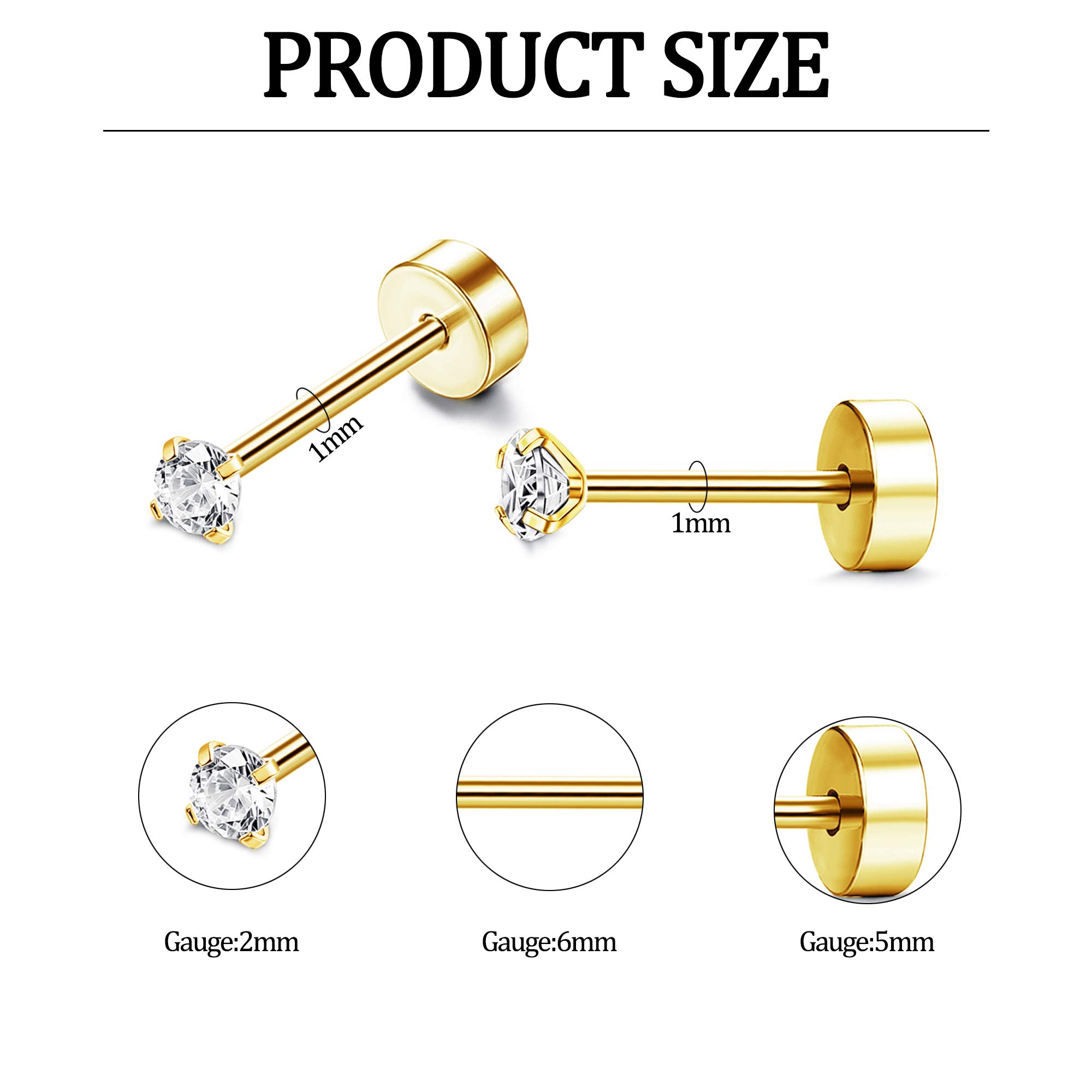 Drperfect Stainless Steel 2MM CZ Stud Earrings for Men Women 18G Cartilage Earrings Stud Piercing Tiny Cubic Zirconia Stud Earrings Small Stud Earrings Screw Flat Back Earrings Set