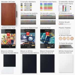 ARTEZA Professional Art Set Includes Acrylic, Gouache, and Watercolor Paint Set, Glitter Gel Pens, Brushes, Canvases, Watercolor and Canvas Paper, Art Supplies for Professional and Hobby Artists