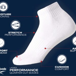 Reebok Women's Comfort Cushioned Athletic Quarter Cut Socks (6 Pack), Size Shoe Size 4-10, White