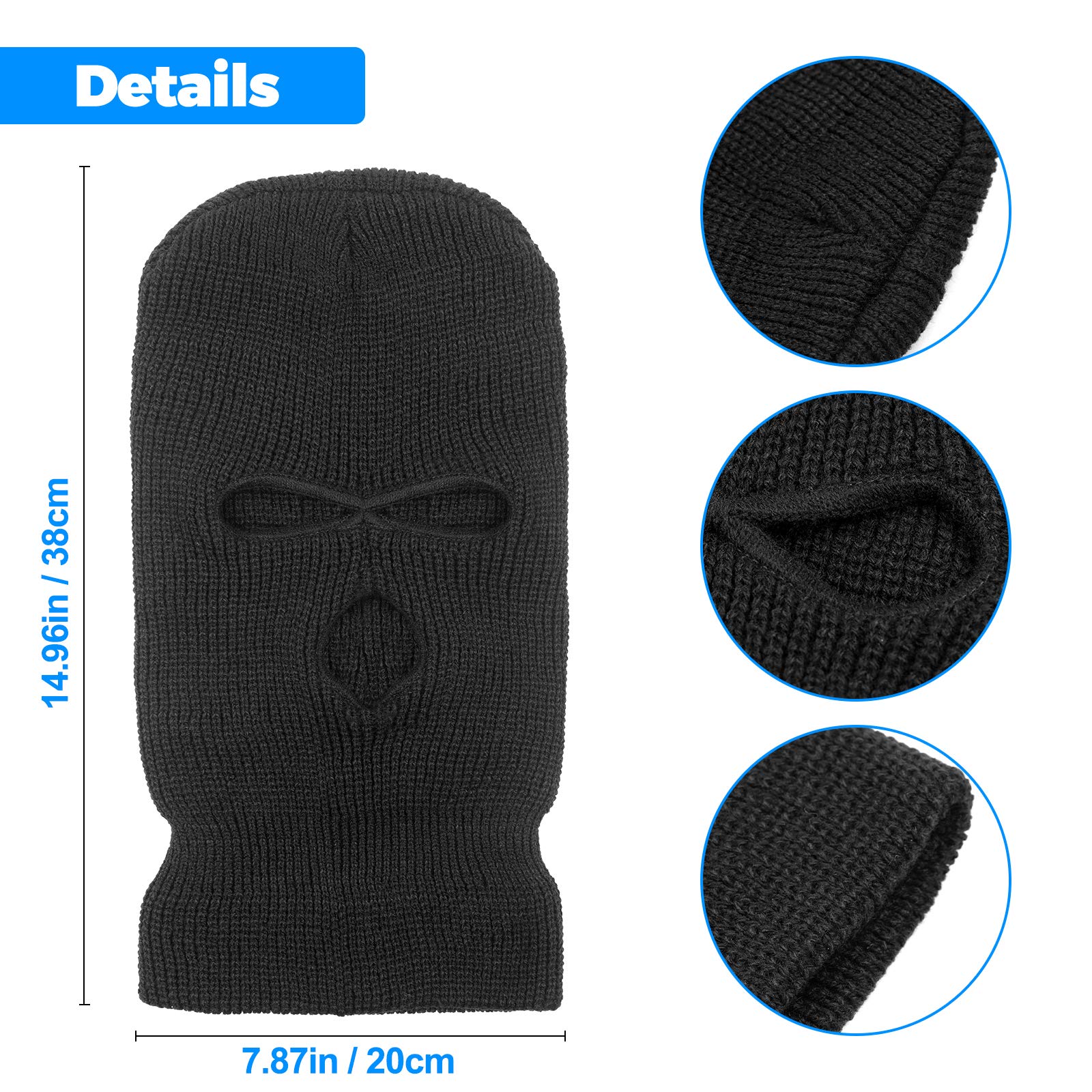 Tmflexe 2 Pack 3-Hole Full Face Mask Cover Ski Mask Winter Balaclava Cap Knitted Face Cover for Winter Outdoor Sports (Black)