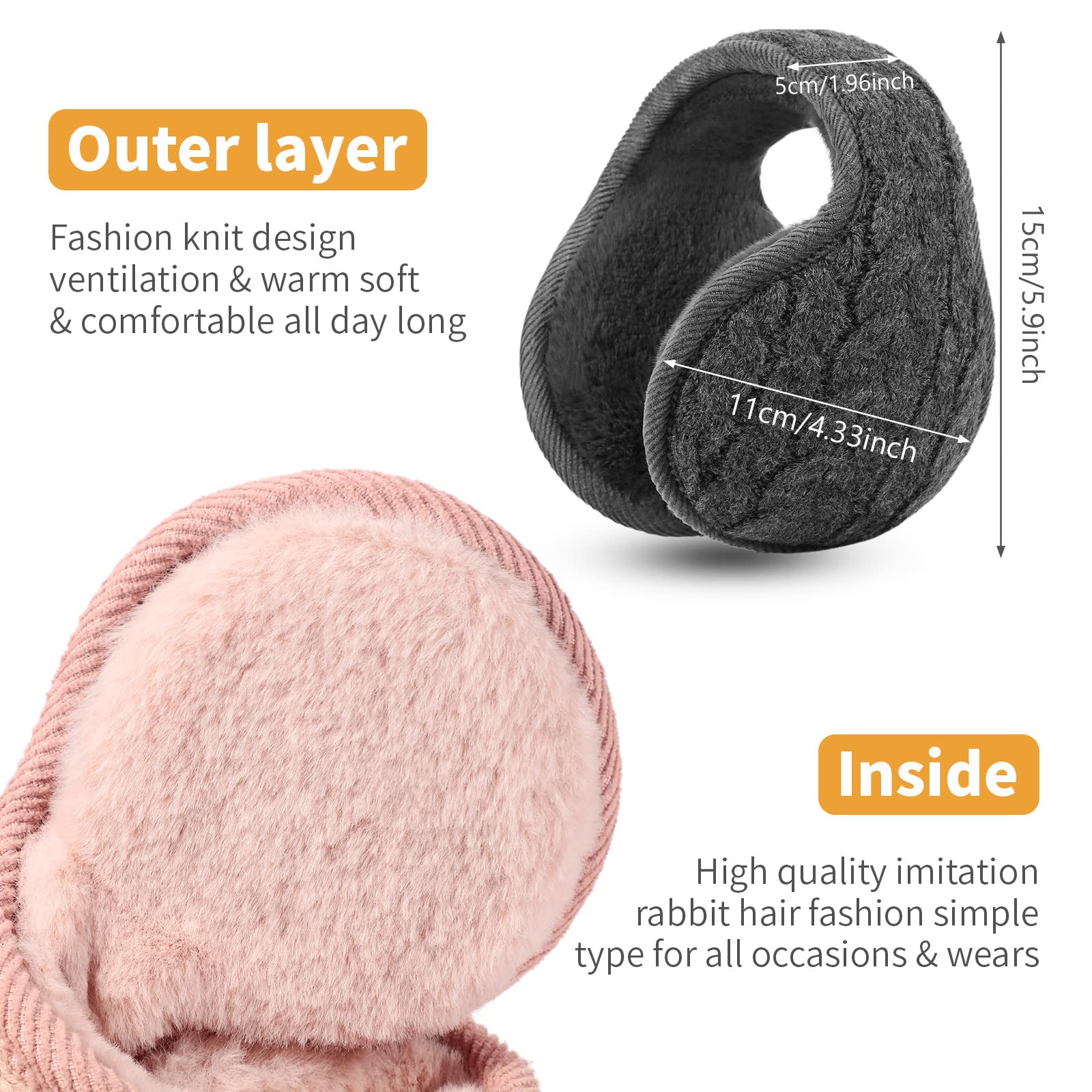 Syhood 2 Pieces Foldable Ear Warmers Adjustable Knitted Earmuffs with Fuzzy Fleece Lining Unisex Furry Winter Earmuffs (Pink and Grey)