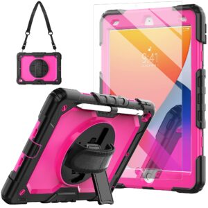 blosomeet case for ipad 9th generation 2021 10.2 inch with tempered glass screen protector & pencil holder,protective kids ipad 7th/8th gen cover 2020 2019 w/stand hand shoulder strap,rosered