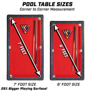 GoSports 7 ft Billiards Table - Portable Pool Table - Includes Full Set of Balls, 2 Cue Sticks, Chalk, and Felt Brush - Black, Red