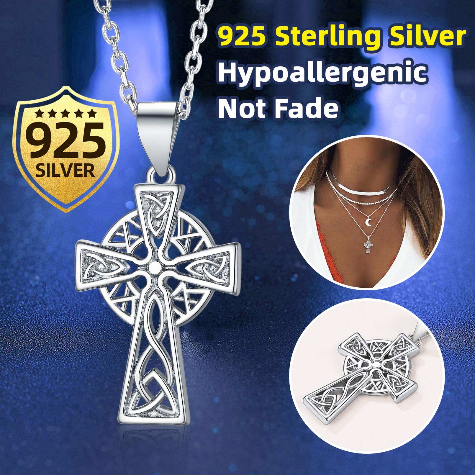 FaithHeart Cross Celtic Knot Necklace Sterling Silver Vintage Irish Jewelry Women Celtic Pendant Amulet Charms with Brand Packaging