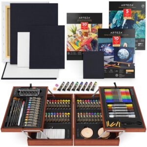 arteza professional art set includes acrylic, gouache, and watercolor paint set, glitter gel pens, brushes, canvases, watercolor and canvas paper, art supplies for professional and hobby artists