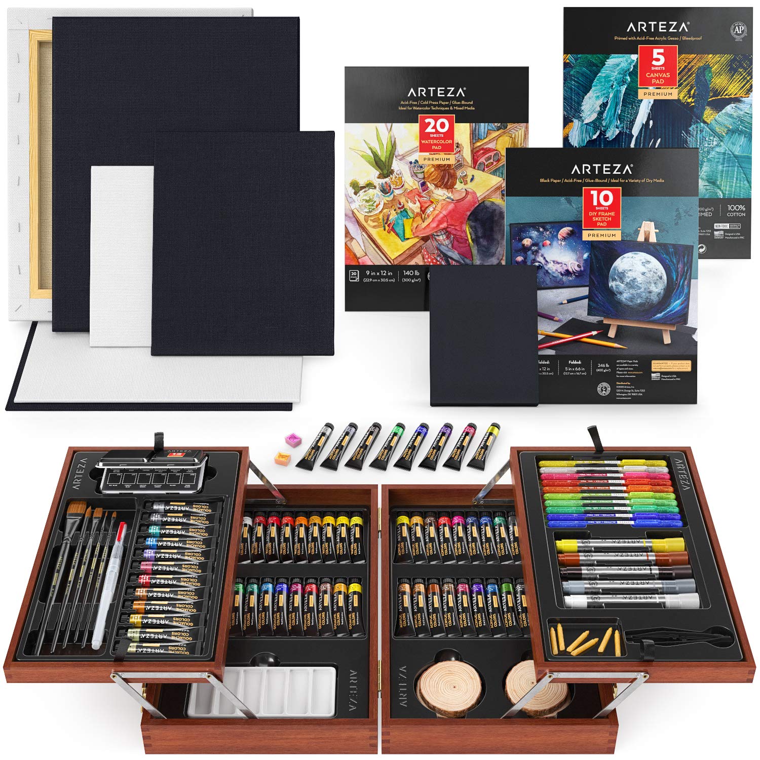 ARTEZA Professional Art Set Includes Acrylic, Gouache, and Watercolor Paint Set, Glitter Gel Pens, Brushes, Canvases, Watercolor and Canvas Paper, Art Supplies for Professional and Hobby Artists