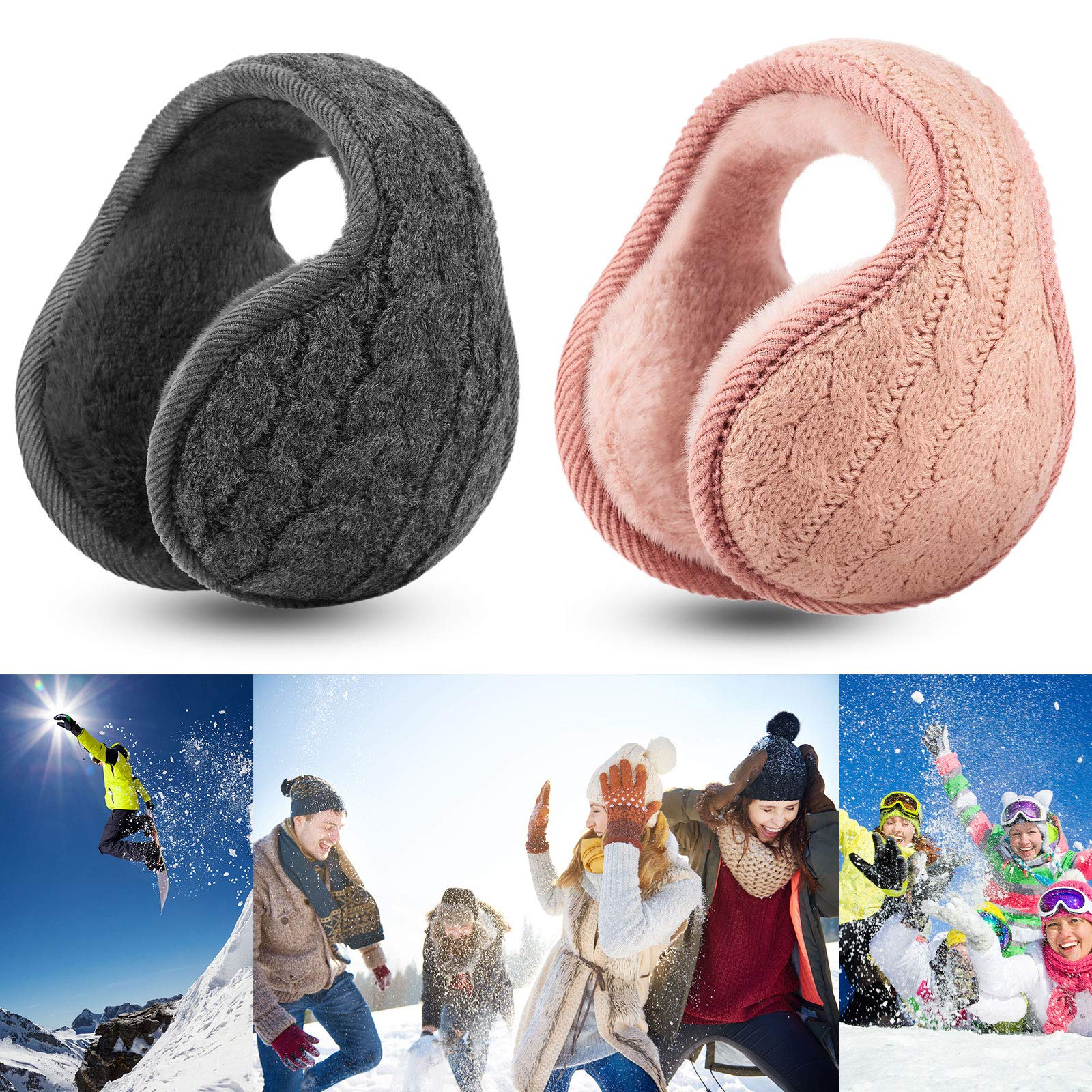 Syhood 2 Pieces Foldable Ear Warmers Adjustable Knitted Earmuffs with Fuzzy Fleece Lining Unisex Furry Winter Earmuffs (Pink and Grey)