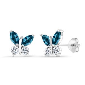 Gem Stone King 925 Silver Marquise London Blue Topaz and White Topaz Butterfly Earrings For Women (1.76 Cttw, Gemstone November Birthstone, Center Stone: 6X3MM, Small Stones: 3MM)