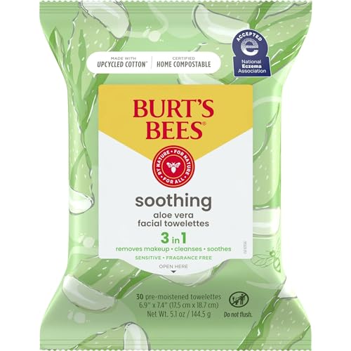 Burt's Bees Facial Cleansing Towelette Wipes for Sensitive Skin With Cotton Extract, 90 Count (30 Count each) [3 Pack] (Package May Vary)