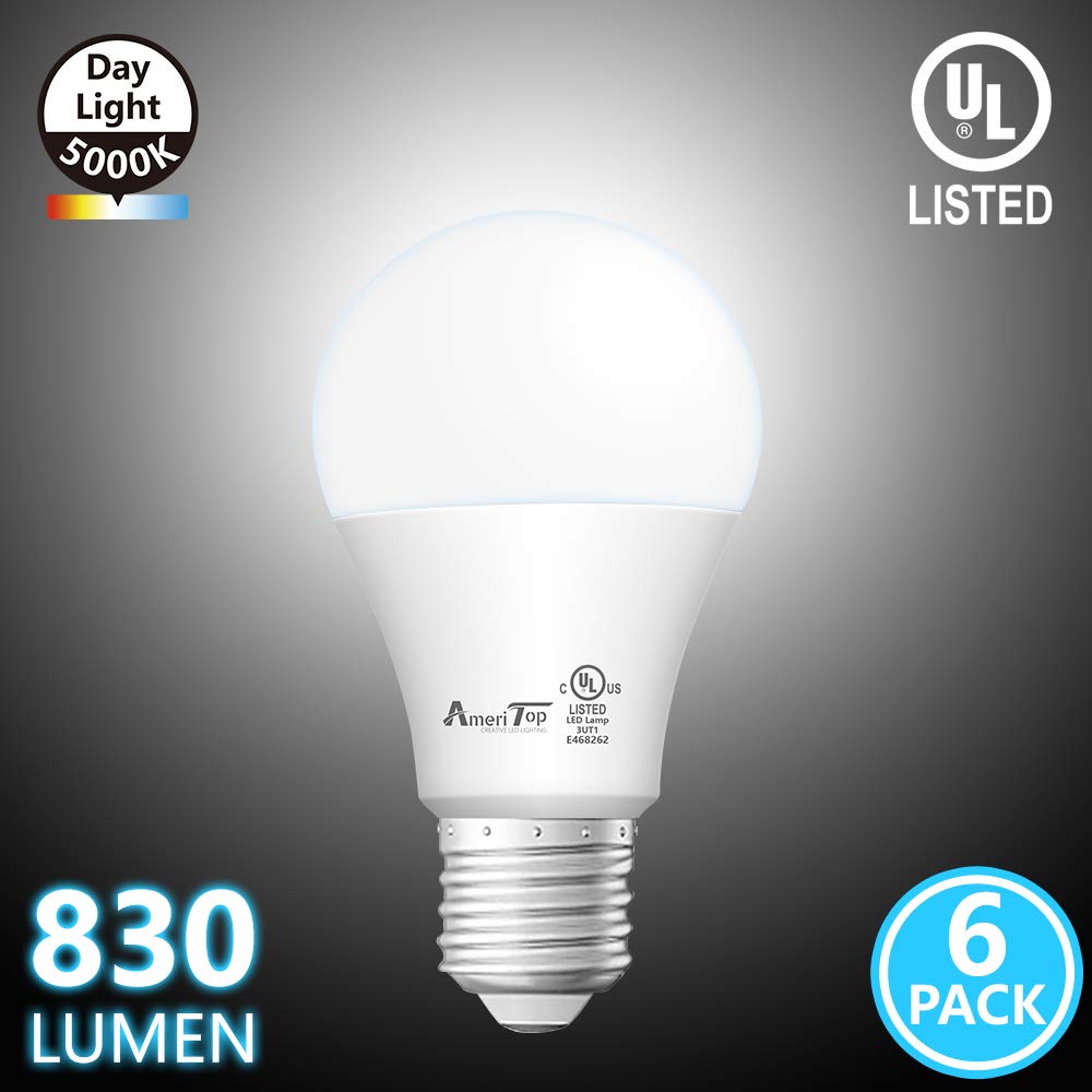 AmeriTop A19 LED Light Bulbs- 6 Pack, Efficient 9W(60W Equivalent) 830 Lumens General Lighting Bulbs, UL Listed, Non-Dimmable, E26 Standard Base (5000K DayLight)