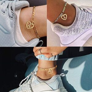 YANODA Gold Initial Pendant Necklace Anklet Bracelet for Women 14K Gold Plated Figaro Chain Letter Initial Heart Necklace Anklets Alphabet Foot Jewelry Personalized Jewelry for Women M