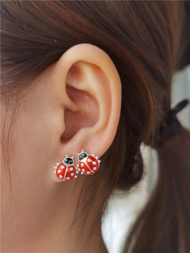 Cute Ladybug Tiny Stud Earrings for Women Girls 925 Sterling Silver Hypoallergenic Dainty Red Bugs Black Head Small Lucky Post Tragus Fashion Animal Jewelry Birthday Christmas Gifts for Daughter