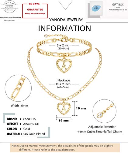 YANODA Gold Initial Pendant Necklace Anklet Bracelet for Women 14K Gold Plated Figaro Chain Letter Initial Heart Necklace Anklets Alphabet Foot Jewelry Personalized Jewelry for Women M