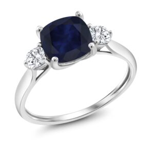 Gem Stone King 10K White Gold Blue Sapphire and White Moissanite 3-Stone Engagement Ring | 2.26 Cttw | Cushion 7MM | 3 Stone Wedding Anniversary Promise Gold Ring For Women (Size 8)