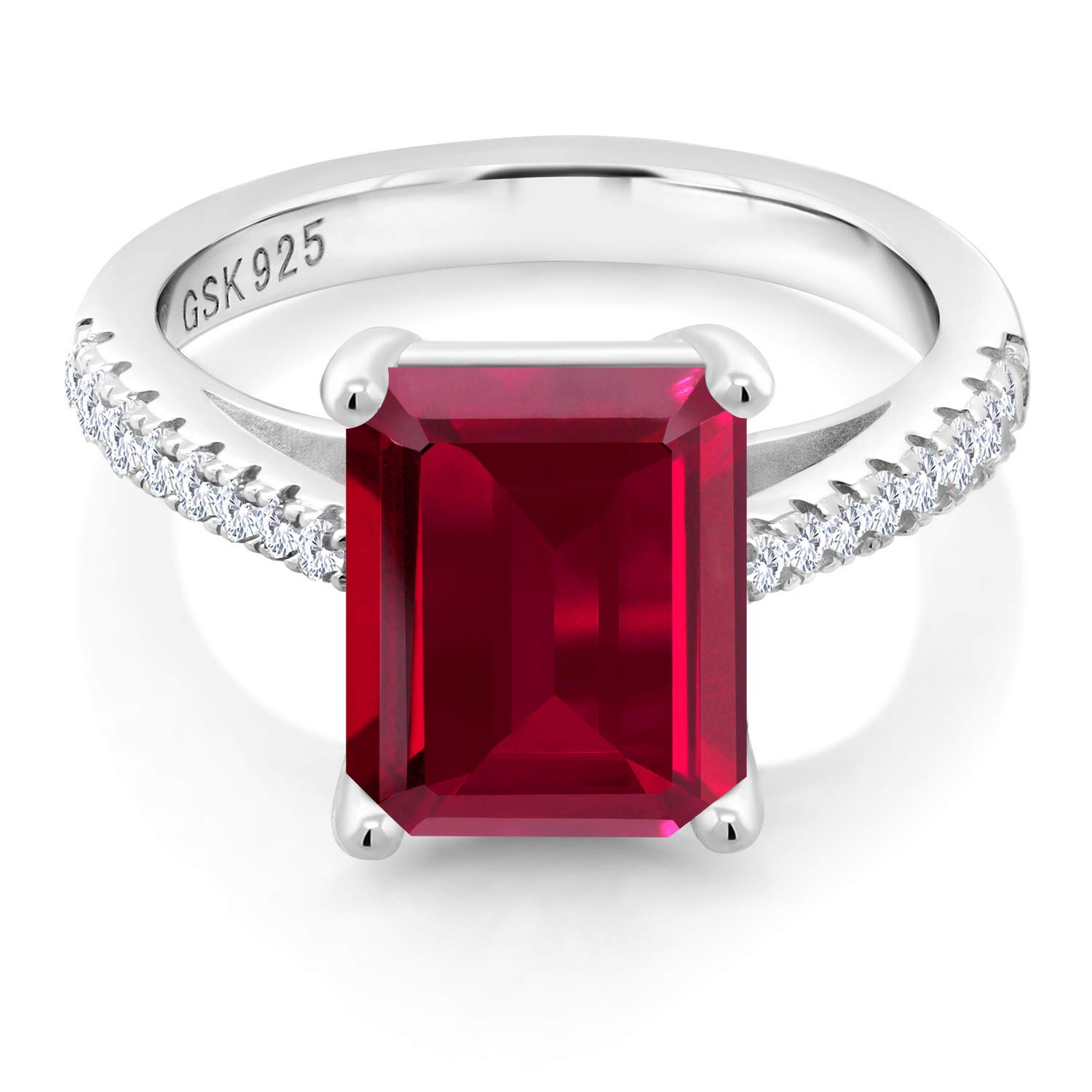 Gem Stone King 925 Sterling Silver Red Created Ruby and White Created Sapphire Ring For Women (4.06 Cttw, Emerald Cut 10X8MM, Available In Size 5, 6, 7, 8, 9)