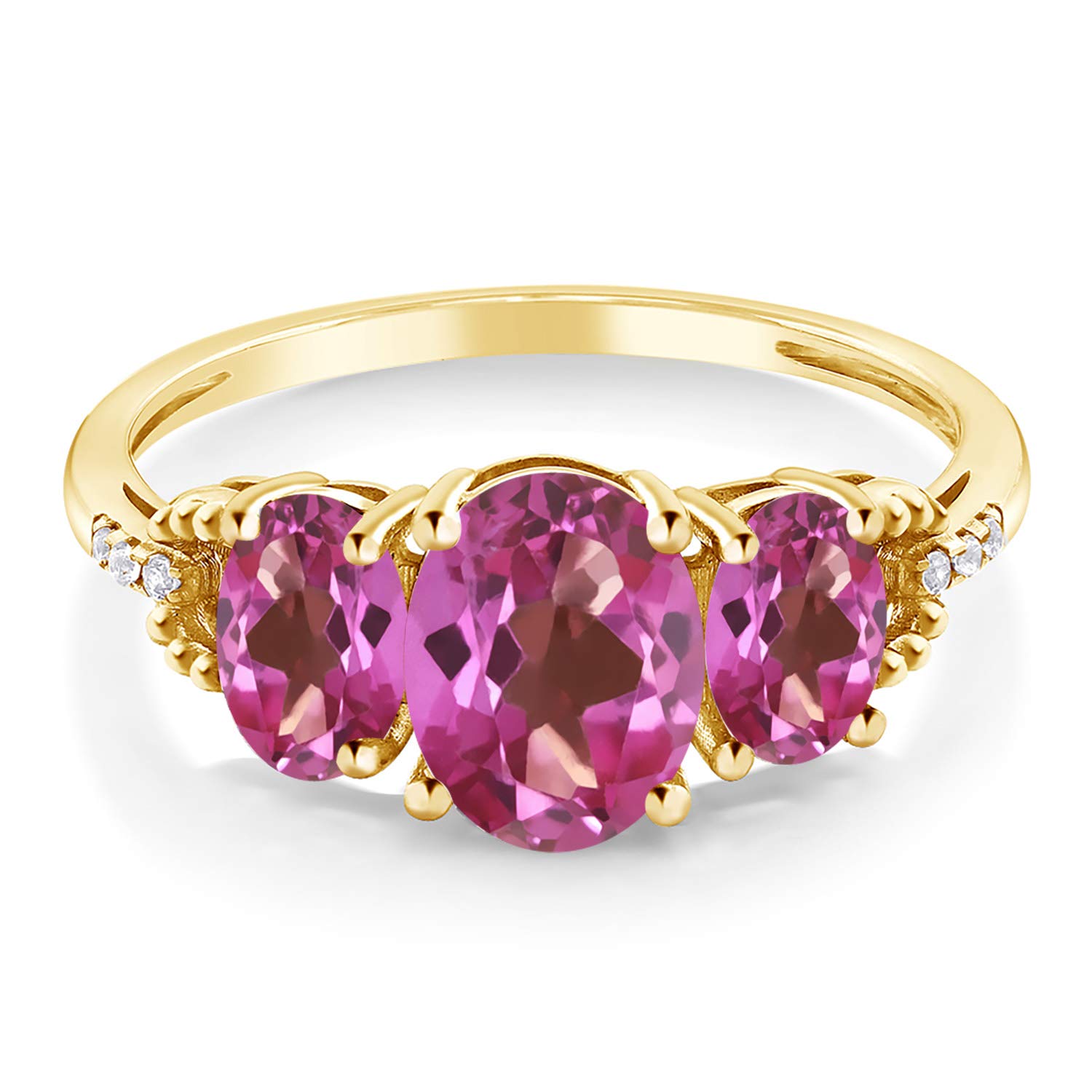 Gem Stone King 10K Yellow Gold Pink Mystic Topaz 3-Stone Engagement Ring | 2.34 Cttw | Oval 8X6MM and 6X4MM | 3 Stone Wedding Anniversary Promise Ring For Women (Size 5)