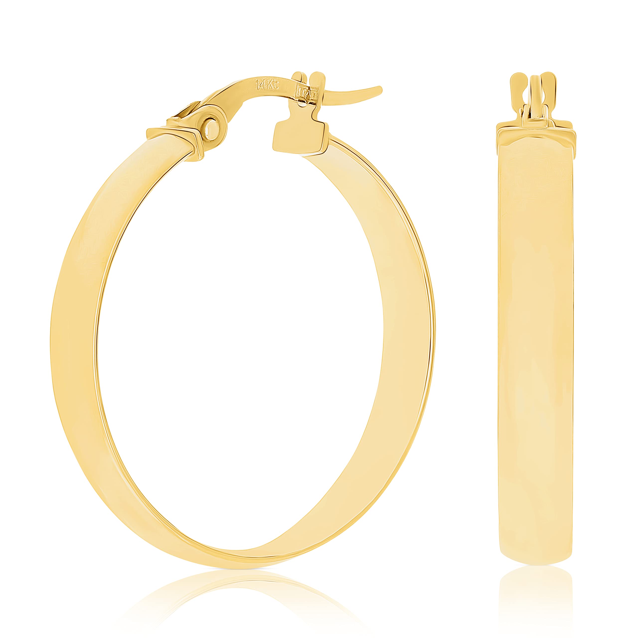 Italian 14k Yellow Gold Shiny Rounded Flat Medium Hollow Hoop Earrings 1"