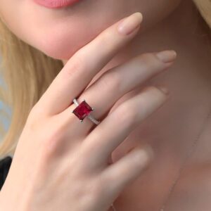 Gem Stone King 925 Sterling Silver Red Created Ruby and White Created Sapphire Ring For Women (4.06 Cttw, Emerald Cut 10X8MM, Available In Size 5, 6, 7, 8, 9)