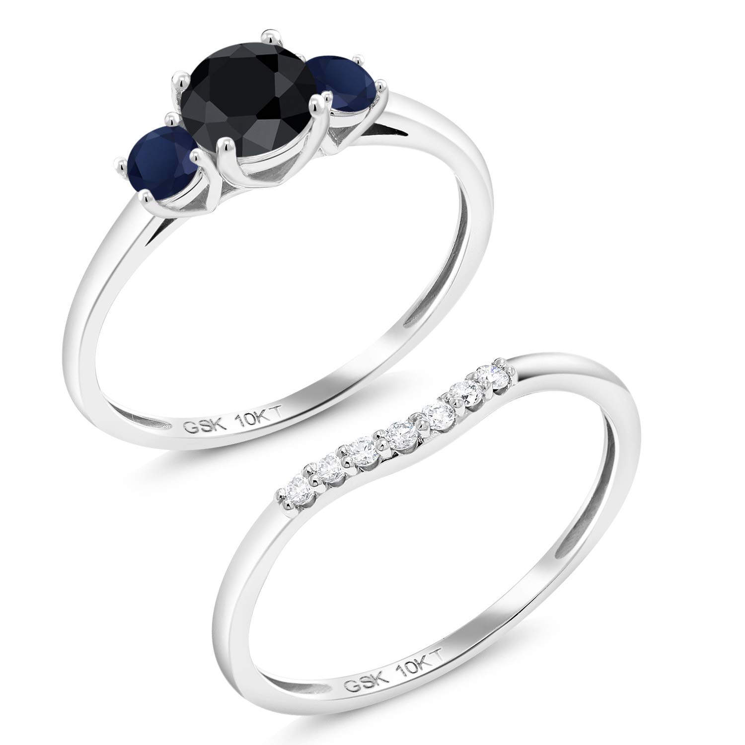 10K White Gold Black Sapphire and Blue Sapphire and White Lab Grown Diamond 3-Stone Bridal Engagement Wedding Ring Set For Women (1.07 Cttw, Gemstone September Birthstone, Round 5MM, Size 9)