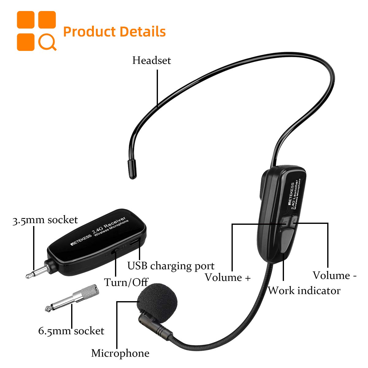 Retekess TT123 Wireless Microphone Headset,2.4G Wireless Headset Mic System,164ft,Headset and Handheld 2 in 1,for Tour Guide,System,Voice Amplifier,Window Speaker,PA System(Incompatible Phone,Laptop)