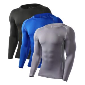 Runhit 3 Pack Compression Shirts for Men Long Sleeve Athletic Running Hiking Workout Gym Shirts (Black,Blue,Gray,Medium)