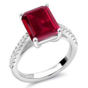 Gem Stone King 925 Sterling Silver Red Created Ruby and White Created Sapphire Ring For Women (4.06 Cttw, Emerald Cut 10X8MM, Available In Size 5, 6, 7, 8, 9)