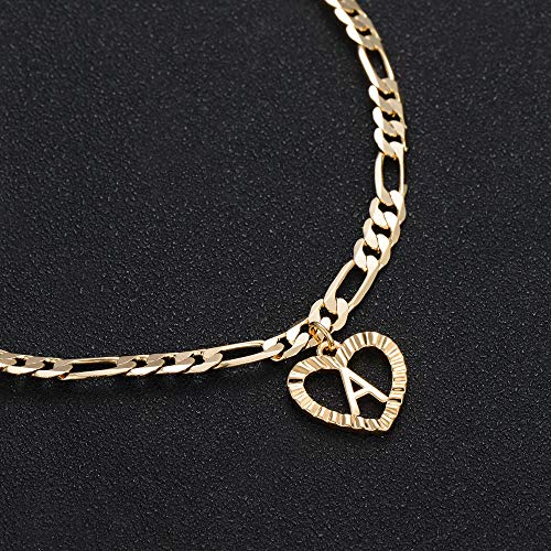 YANODA Gold Initial Pendant Necklace Anklet Bracelet for Women 14K Gold Plated Figaro Chain Letter Initial Heart Necklace Anklets Alphabet Foot Jewelry Personalized Jewelry for Women M