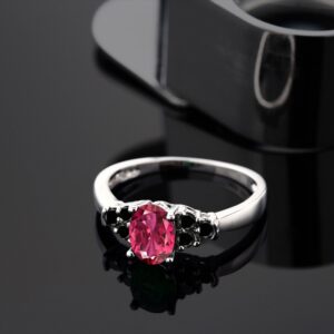 Gem Stone King 925 Sterling Silver Oval Pink Tourmaline and Black Diamond Ring For Women (0.70 Cttw, Available In Size 5, 6, 7, 8, 9)