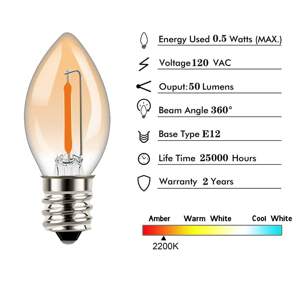 Tsunetani-C7 Edison LED Filament Mini Night Light Bulbs 0.5W Equivalent to 5 Watt Incandescent - E12 Candelabra Base 2200K Ultra Warm White for Home Decorate LED Village Bulb - 3Pack (Amber Glass)