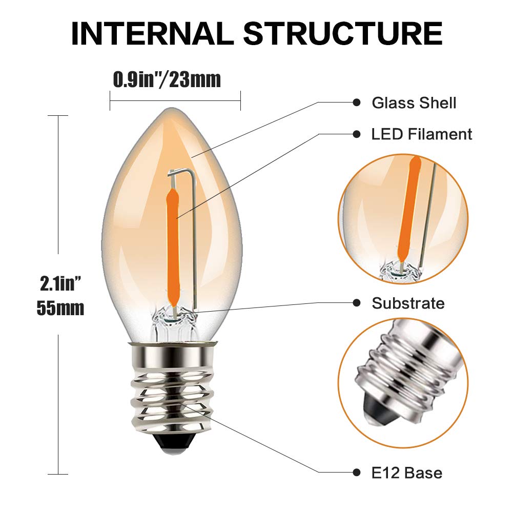 Tsunetani-C7 Edison LED Filament Mini Night Light Bulbs 0.5W Equivalent to 5 Watt Incandescent - E12 Candelabra Base 2200K Ultra Warm White for Home Decorate LED Village Bulb - 3Pack (Amber Glass)