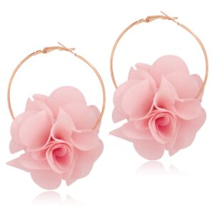 DAMLENG Lightweight Bohemian Big Fabric Flowers Dangle Drop Earrings Handmade Charm Chic Petal Hoop Earrings with Chiffon Floral Tassel for Women Vacation Wedding (Pink)