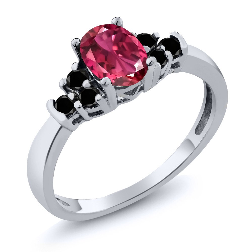 Gem Stone King 925 Sterling Silver Oval Pink Tourmaline and Black Diamond Ring For Women (0.70 Cttw, Available In Size 5, 6, 7, 8, 9)