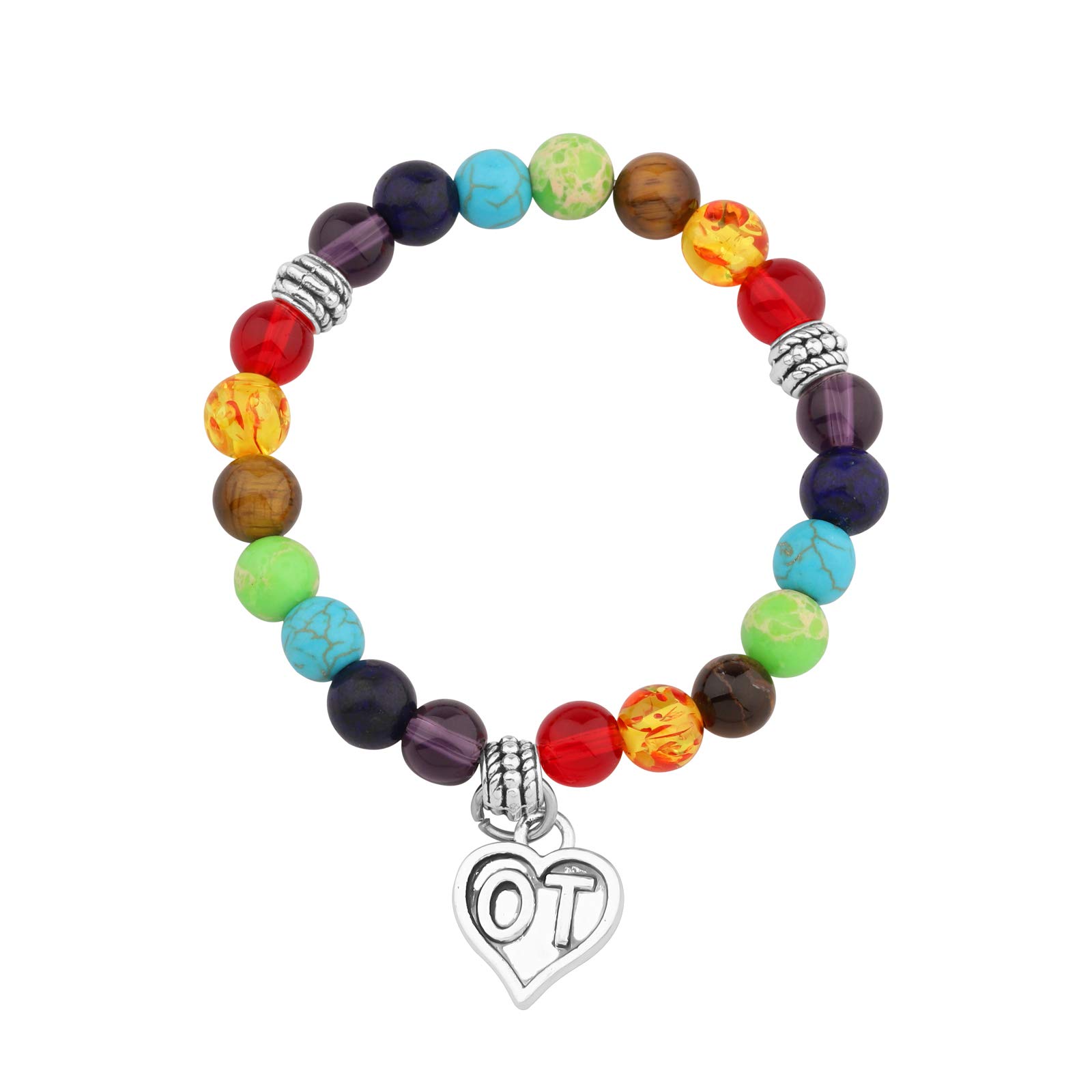 WSNANG Occupational Therapist Gift 7 Chakra Beads Elastic Bracelet with OT Charm Bangle Bracelet OT Graduation Gift Appreciation Gift (OT Elastic BR)