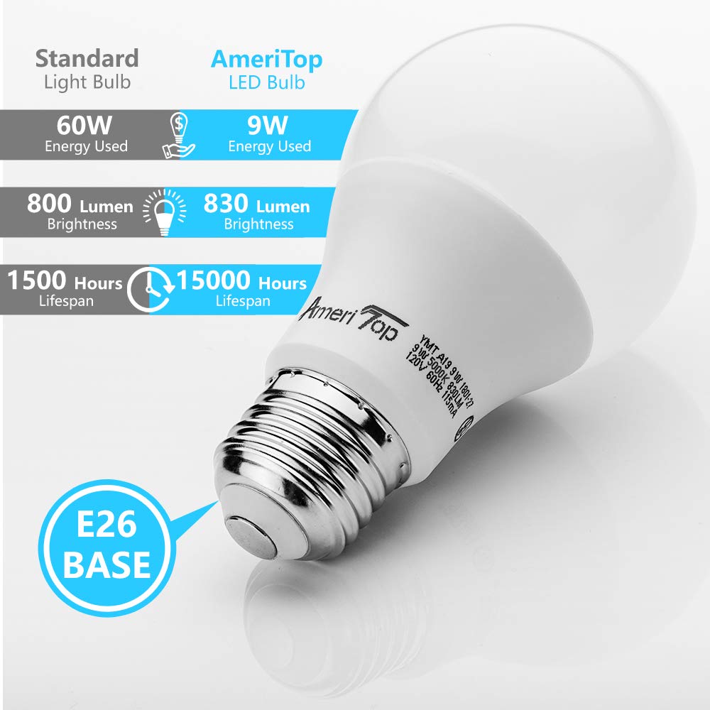 AmeriTop A19 LED Light Bulbs- 6 Pack, Efficient 9W(60W Equivalent) 830 Lumens General Lighting Bulbs, UL Listed, Non-Dimmable, E26 Standard Base (5000K DayLight)