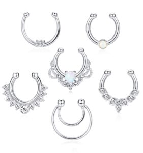 drperfect 6pcs opal fake septum ring for women cz nose ring non-pierced clip on nose hoop jewelry