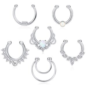 Drperfect 6Pcs Opal Fake Septum Ring for Women CZ Nose Ring Non-Pierced Clip On Nose Hoop Jewelry