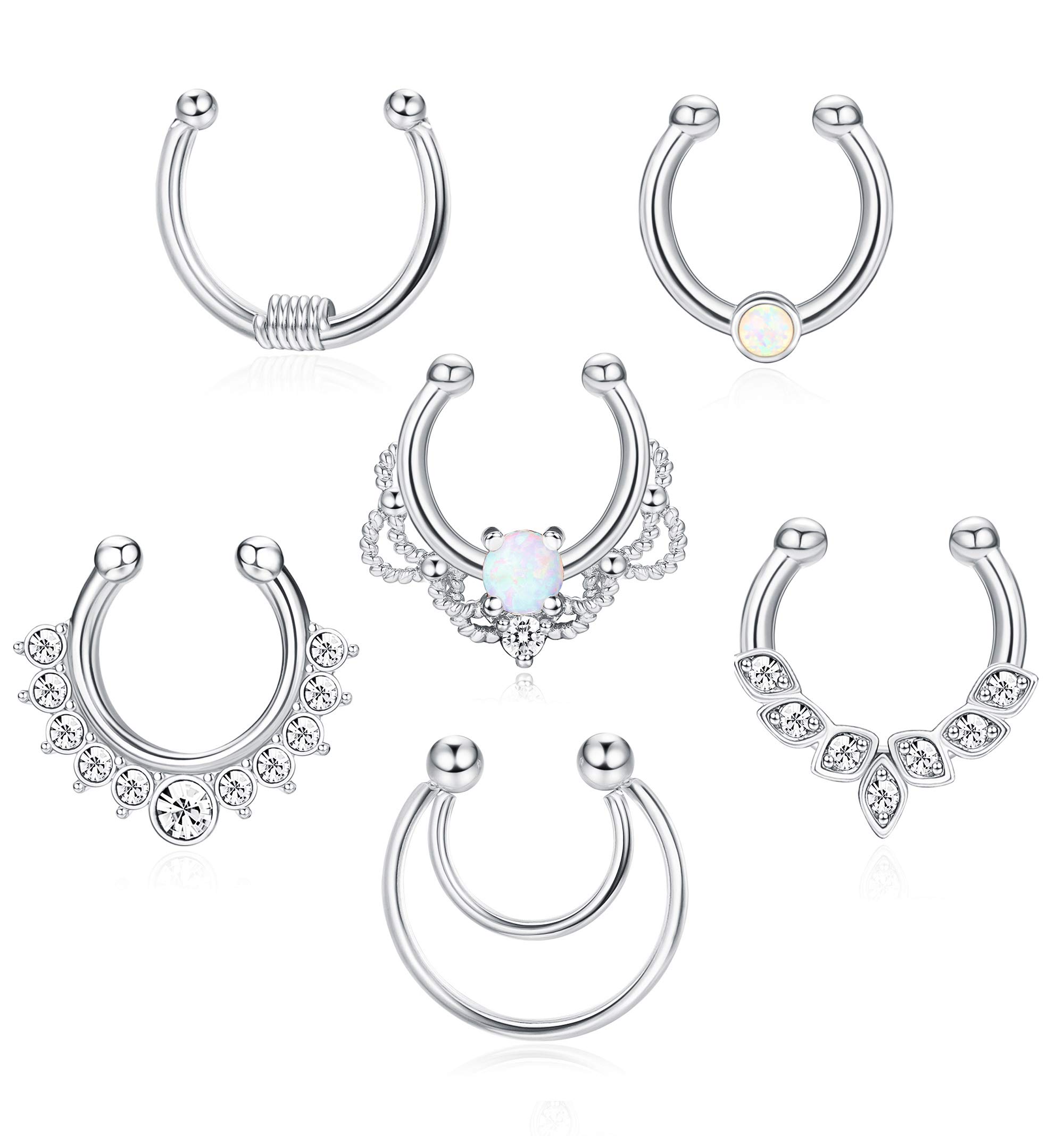 Drperfect 6Pcs Opal Fake Septum Ring for Women CZ Nose Ring Non-Pierced Clip On Nose Hoop Jewelry