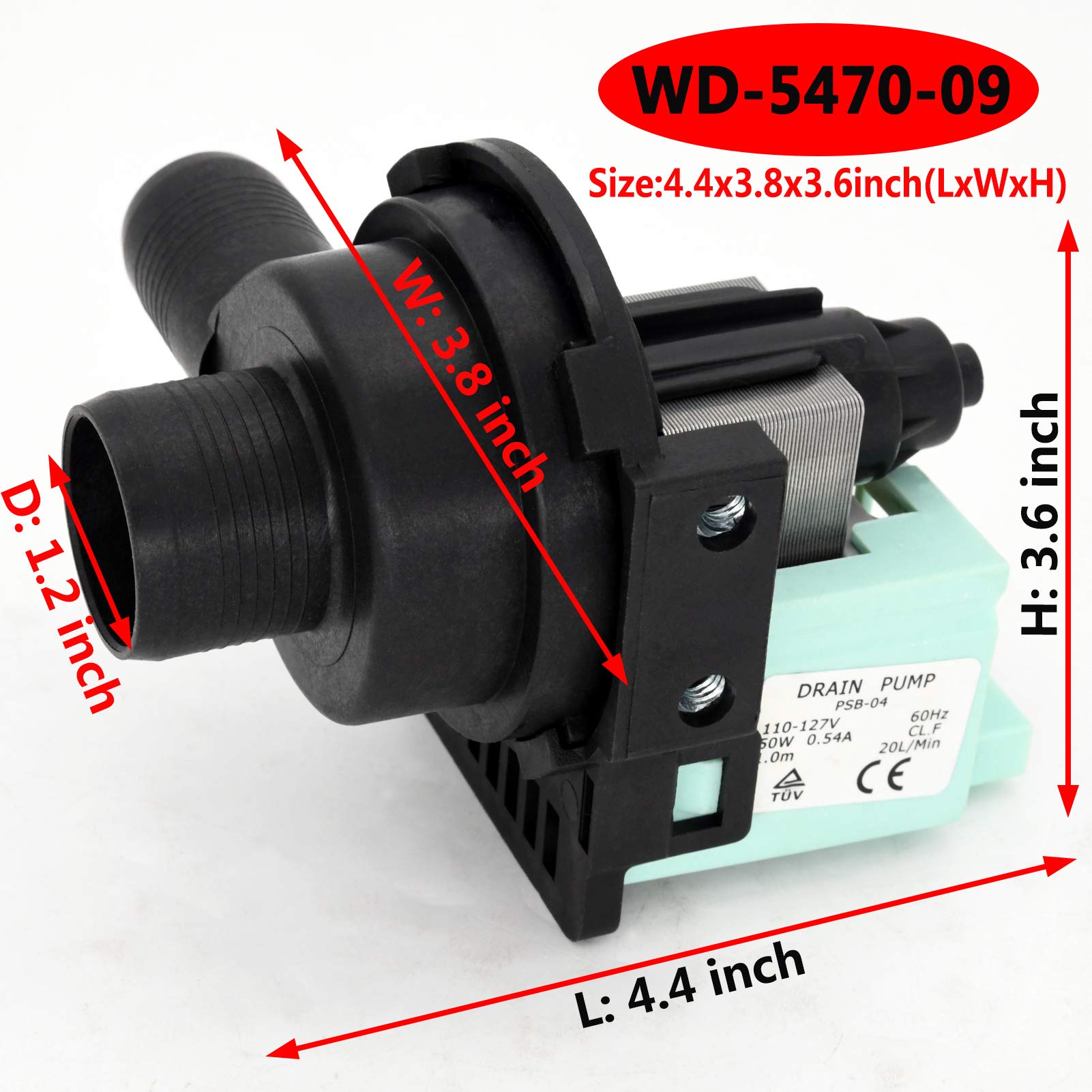 WD-5470-09 Washing Machine Drain Pump, LIYYOO Replacement Washers Drain Pump, Compatible with Haier Machine PCX-30L V12624 PPSB-04 GWT450AW HLP22P RWT150AW AP3437784 1227046 PS4128791