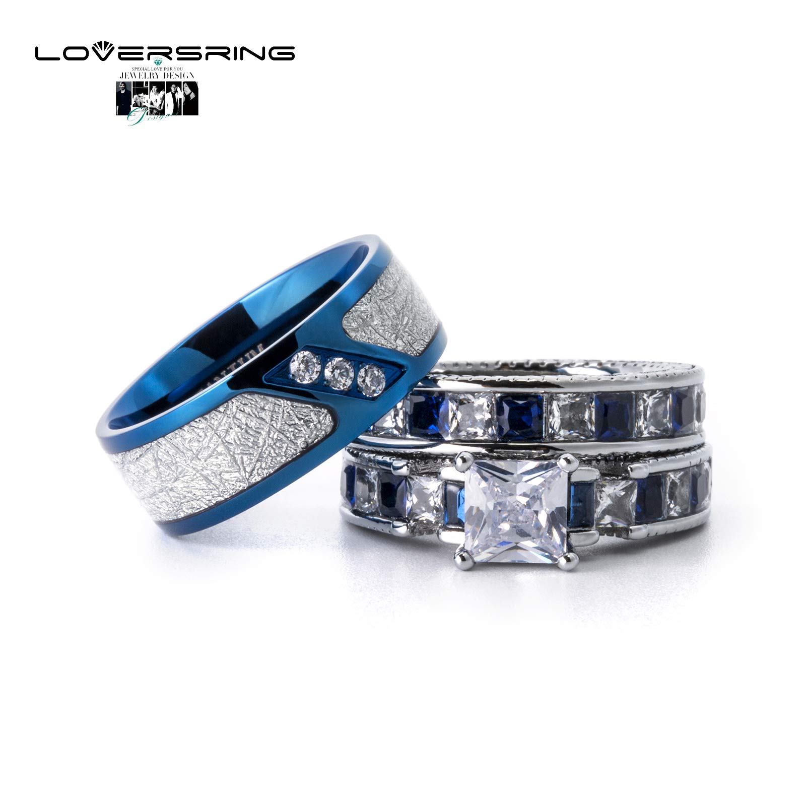 LOVERSRING 3pc Couple Ring Bridal Sets Women White Gold Plated Blue Sapphire Cz Man Titanium Band Wedding Ring for Him and Her