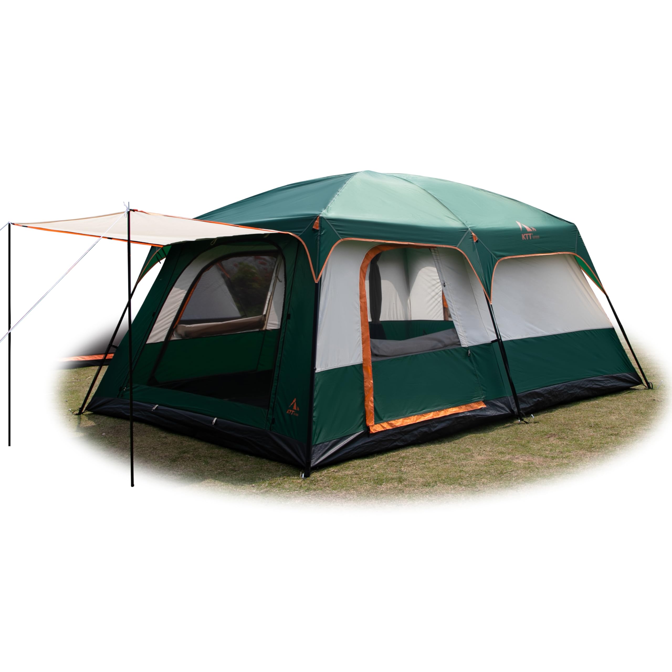 KTT Extra Large Tent 12 Person,Family Cabin Tents,2 Rooms,3 Doors and 3 Windows with Mesh,Straight Wall,Waterproof,Double Layer,Big Tent for Outdoor,Picnic,Camping,Family Gathering(Green)