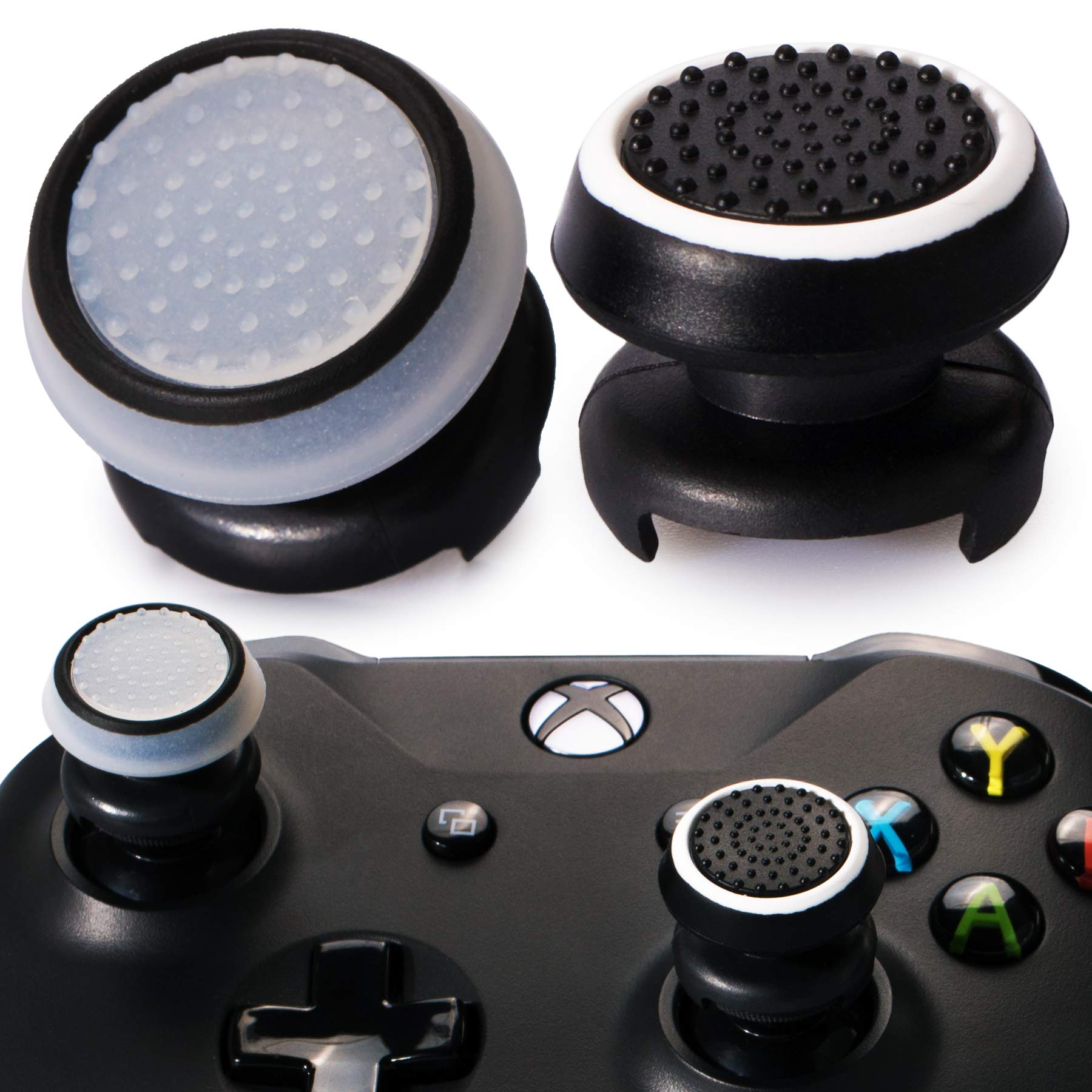 Playrealm FPS Thumbstick Extender & 3D Texture Rubber Silicone Grip Cover 2 Sets for Xbox Series X/S & Xbox One Controller(Black+Clear)