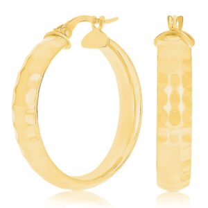 italian 14k yellow gold polished hammered flat medium hoop earrings